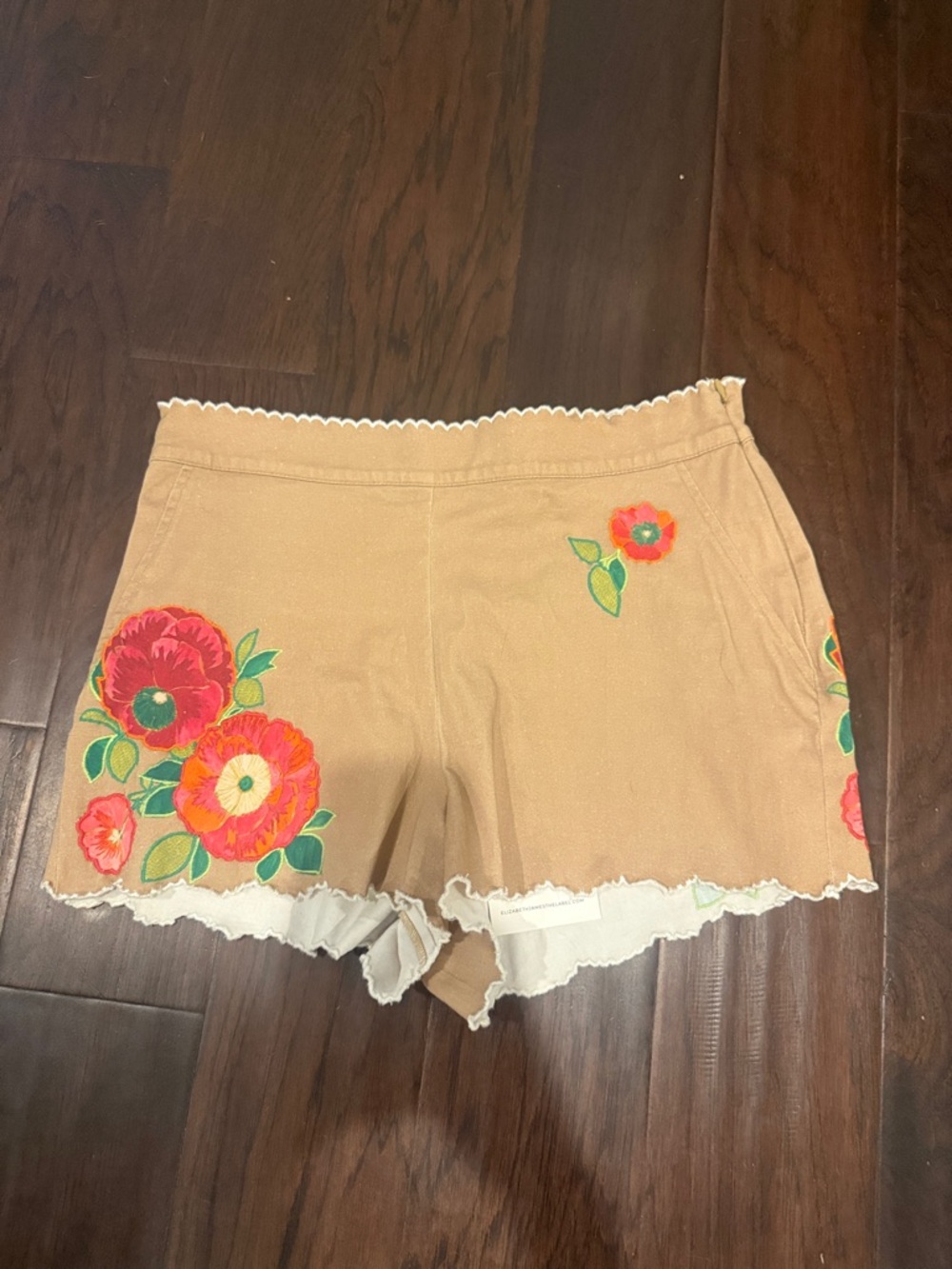 Elizabeth and James Tan and White Scalloped Waist Shorts